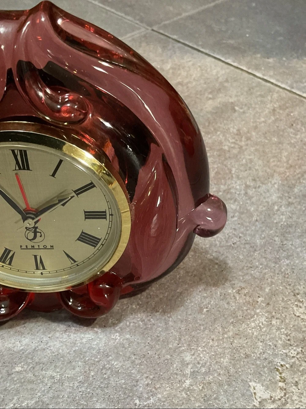 Fenton Glass Mantel Clock with Gold Bezel cranberry